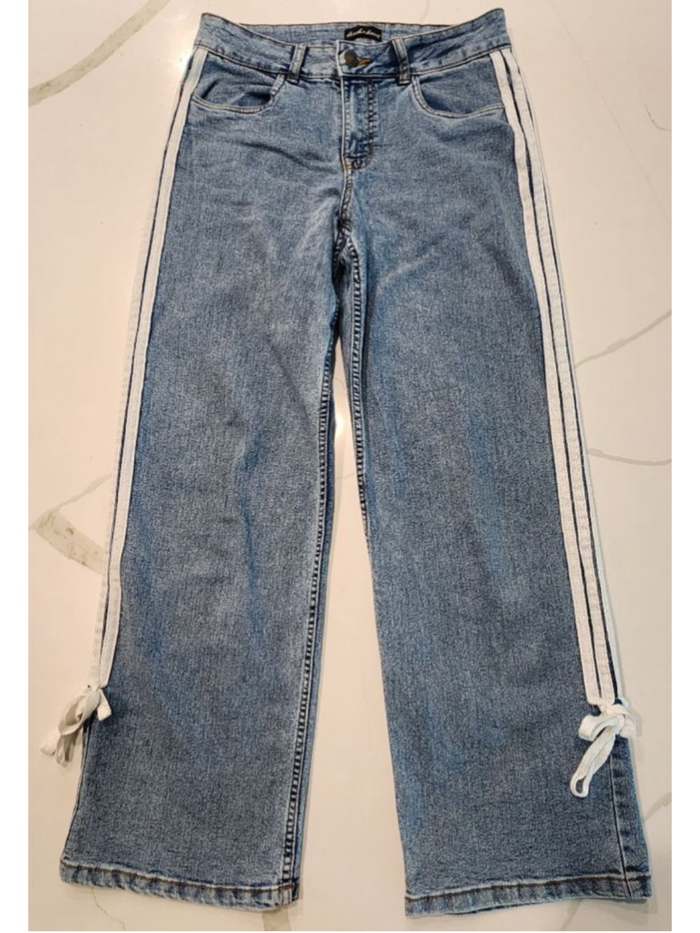 Derek Heart Y2K Skater Side Stripe Wide Leg Jeans With Ribbon Bow Ties Size 5